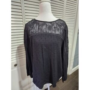 LOFT Women's Black Long Sleeve Swiss Dot Lace Trim Blouse - Medium